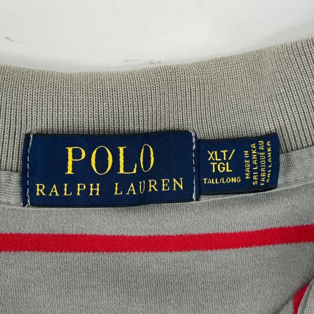 Polo Ralph Lauren Polo Shirt Mens XLT Grey Red Striped Cotton Tall Short Sleeve
